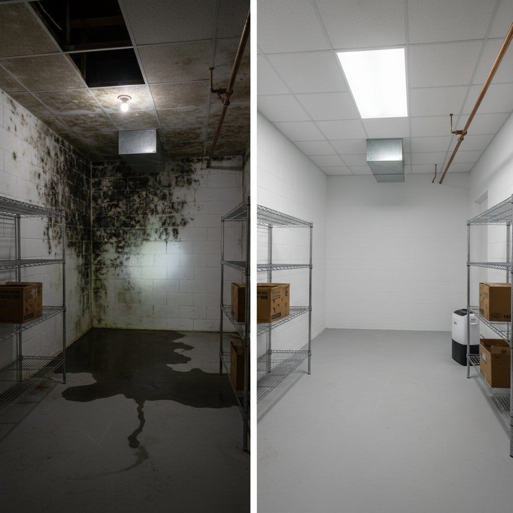 Attic & Crawl Space Mold Removal restoration — utility room of split-level home in Ridgewood, NJ