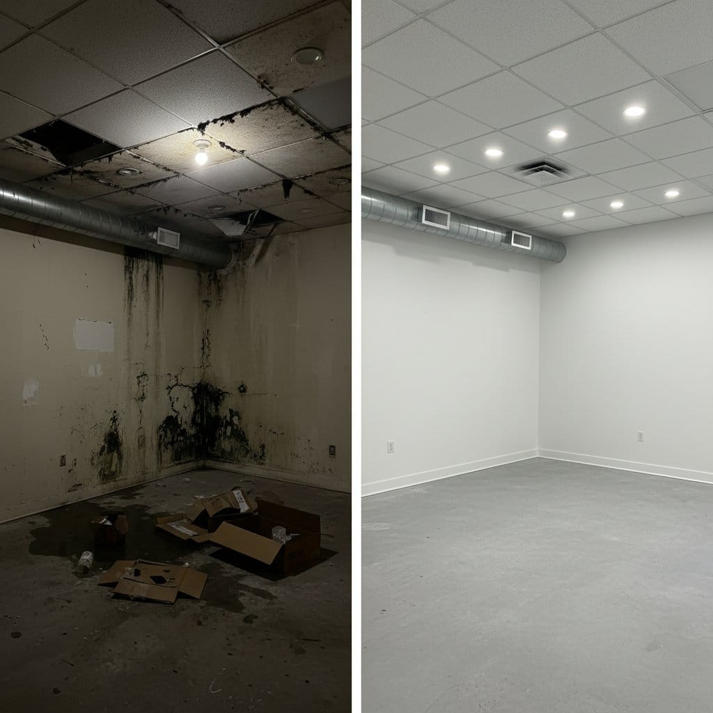 Before and after attic & crawl space mold removal in Ridgewood Cape Cod house storefront interior