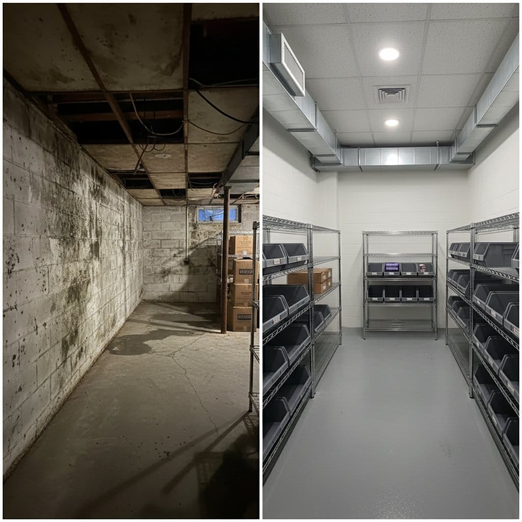 Basement & Foundation Mold Removal before and after in residential basement, Ridgewood NJ