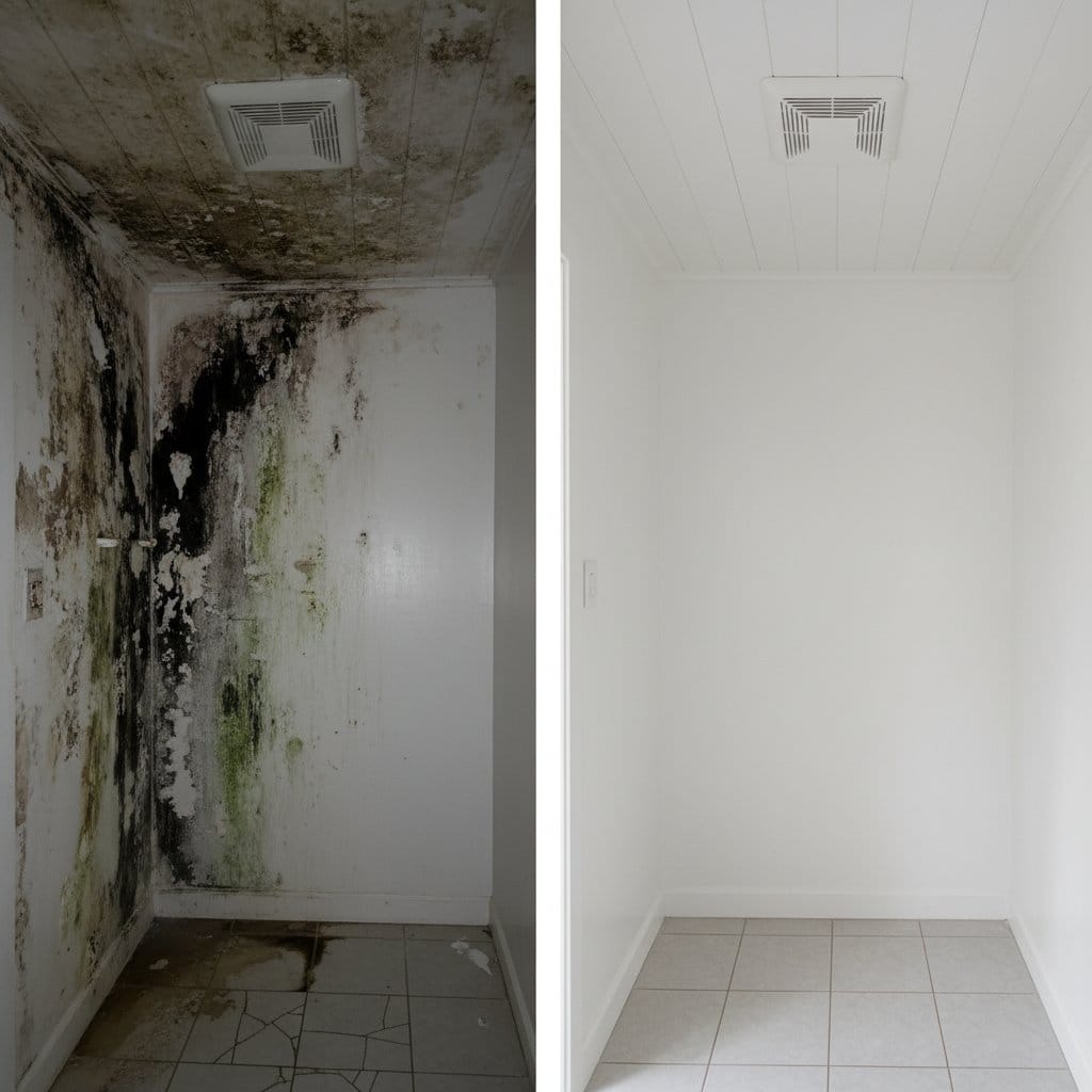 Before and after basement & foundation mold removal in Ridgewood private residence bathroom