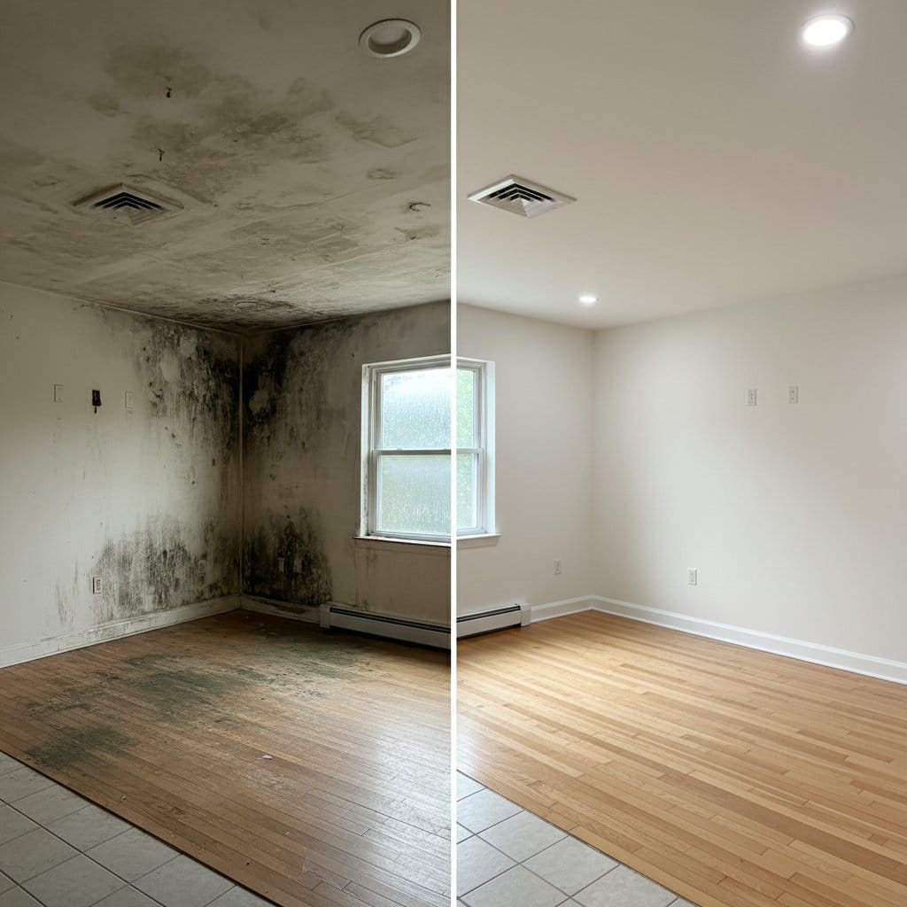 Bathroom & Kitchen Mold Removal before and after in living room, Ridgewood NJ
