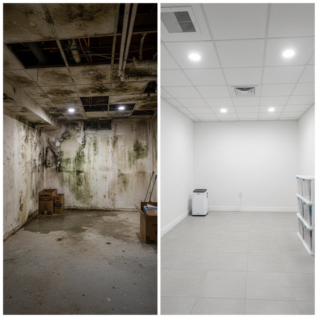 Humidity & Moisture Control Solution before and after in finished basement, Ridgewood NJ