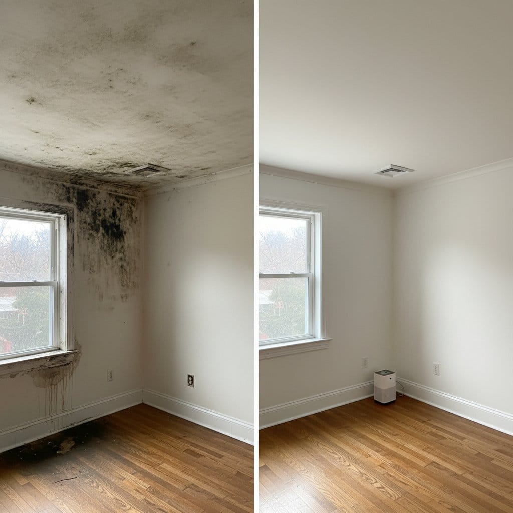 Ridgewood Mold Removal living room restoration before and after in Ridgewood