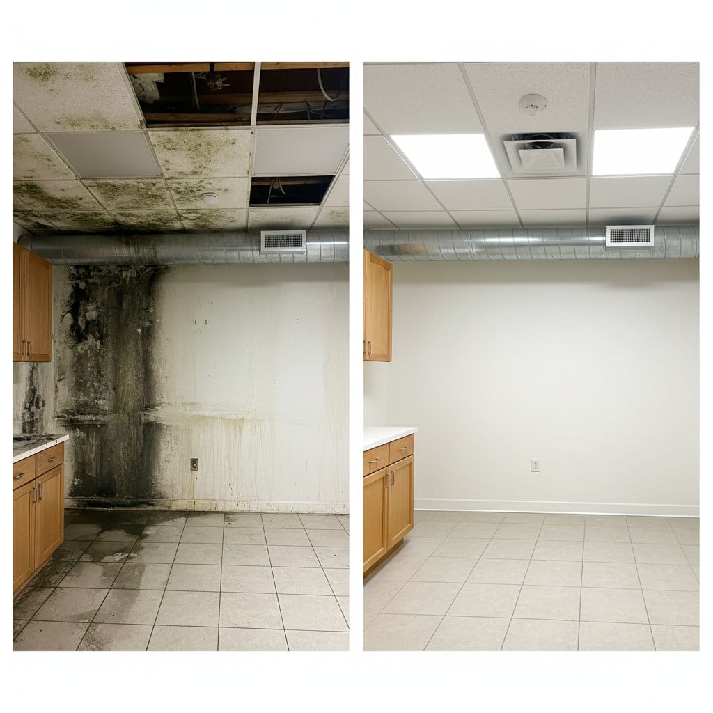 Ridgewood Mold Removal commercial office space restoration before and after in Ridgewood